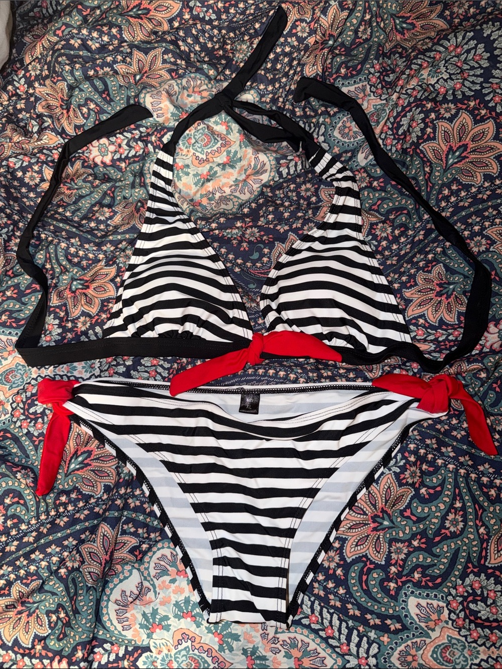 Black & White Striped Bikini with Red Tie Accents